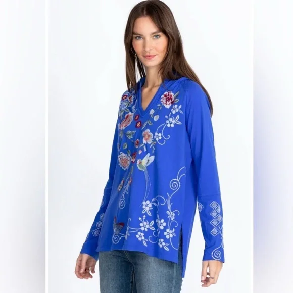 Johnny Was Jailyn Beach Hoodie Blue Embroidered Floral size small - Picture 3 of 7